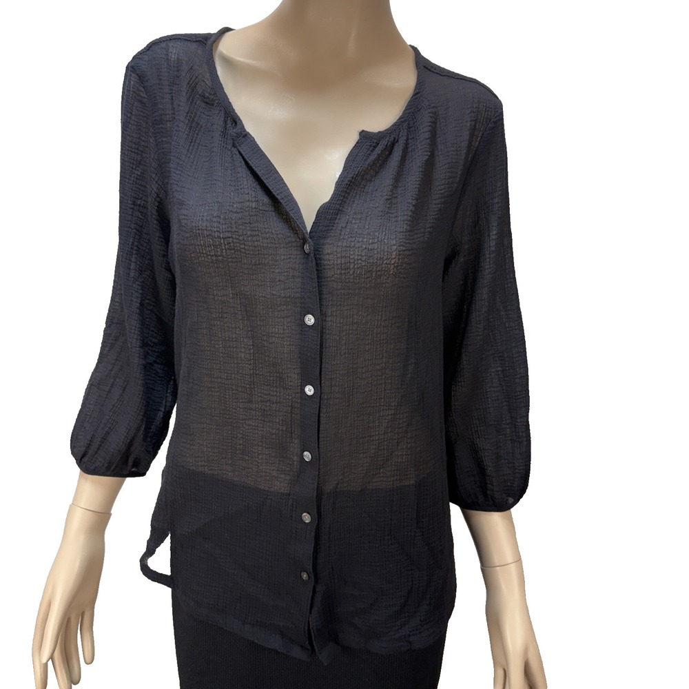 Tommy Bahama Lightweight Black Button Up Top Size S Puff Sleeve Cotton Voile